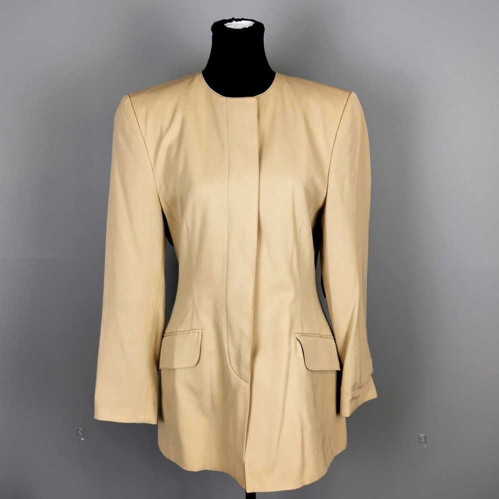 Vintage Mondi Light Spring Wool Tailored Collarless Jacket Medium Tan Minimalist